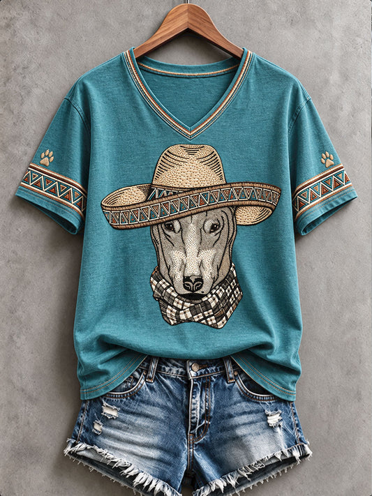 Camiseta impresa arte del amante de los perros del estilo occidental retro de las mujeres