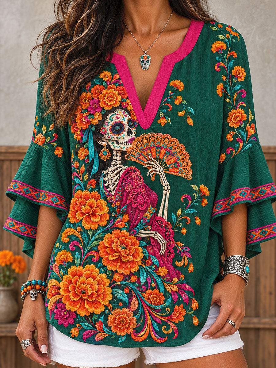 Camisetas estampadas con diseño floral del Día de los Muertos mexicano para mujer