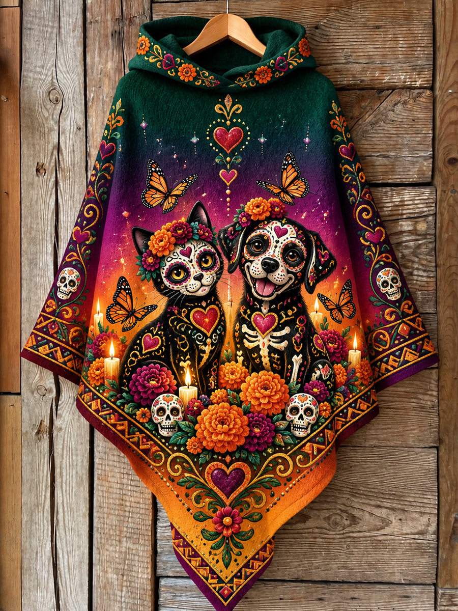 Suéter tipo capa con diseño del Día de los Muertos de México para mujer
