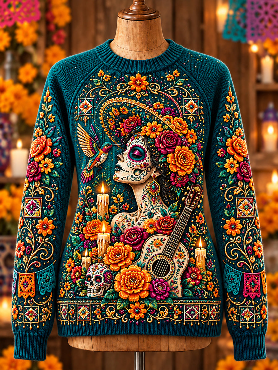 Suéter de cuello redondo para mujer con diseño del Día de los Muertos mexicano