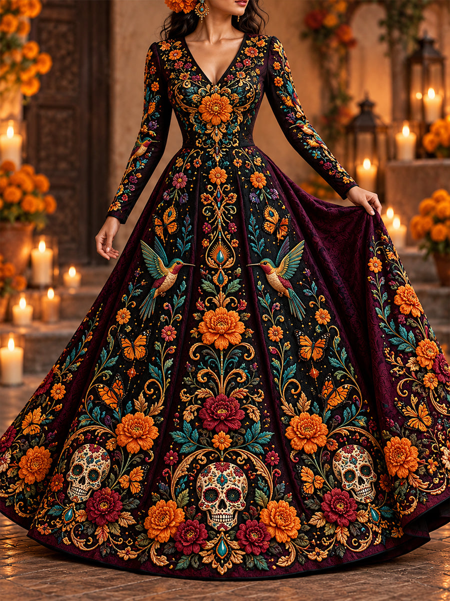 Vestido largo mexicano de Día de Muertos para mujer