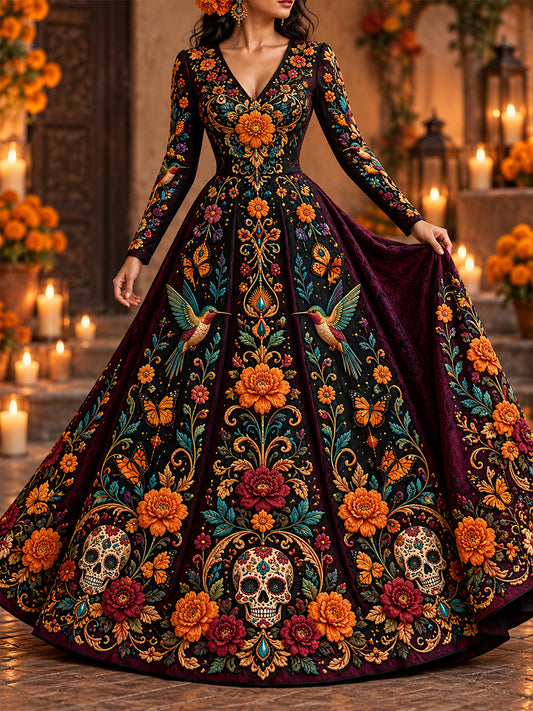 Vestido largo mexicano de Día de Muertos para mujer