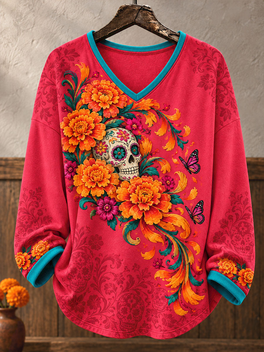 Camisetas estampadas con diseño floral del Día de los Muertos mexicano para mujer
