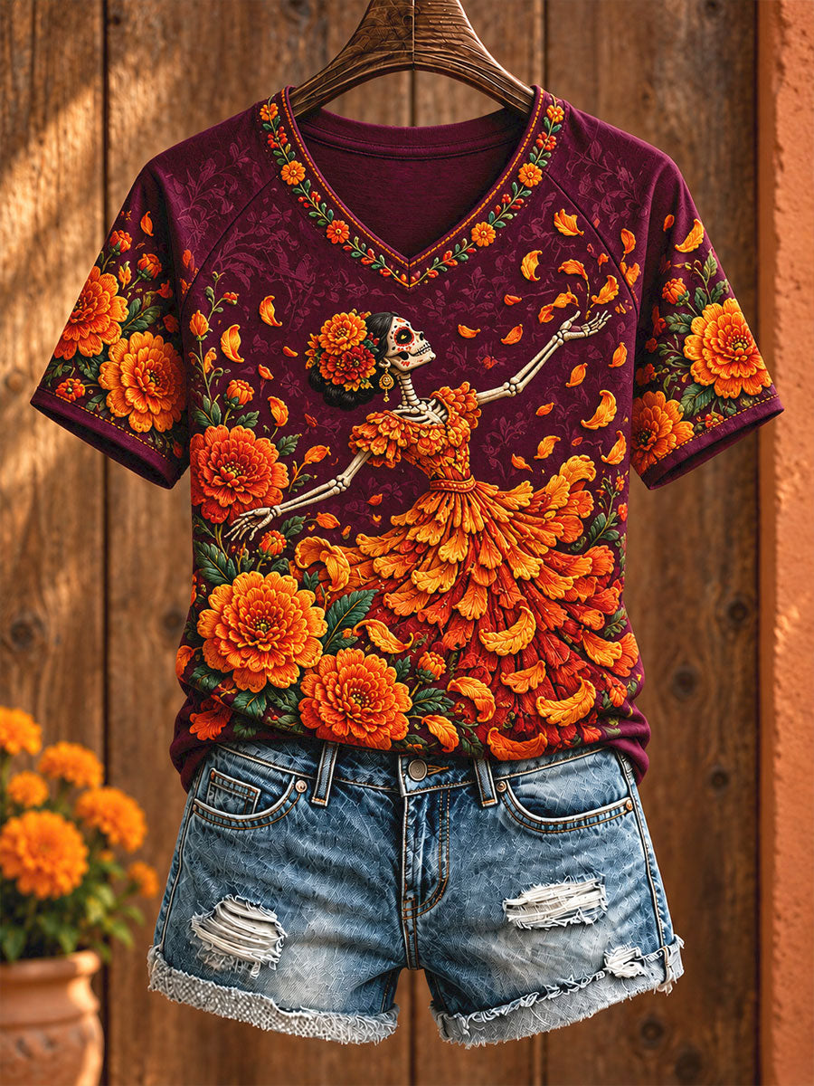 Camiseta estampada con diseño floral del Día de los Muertos mexicano para mujer