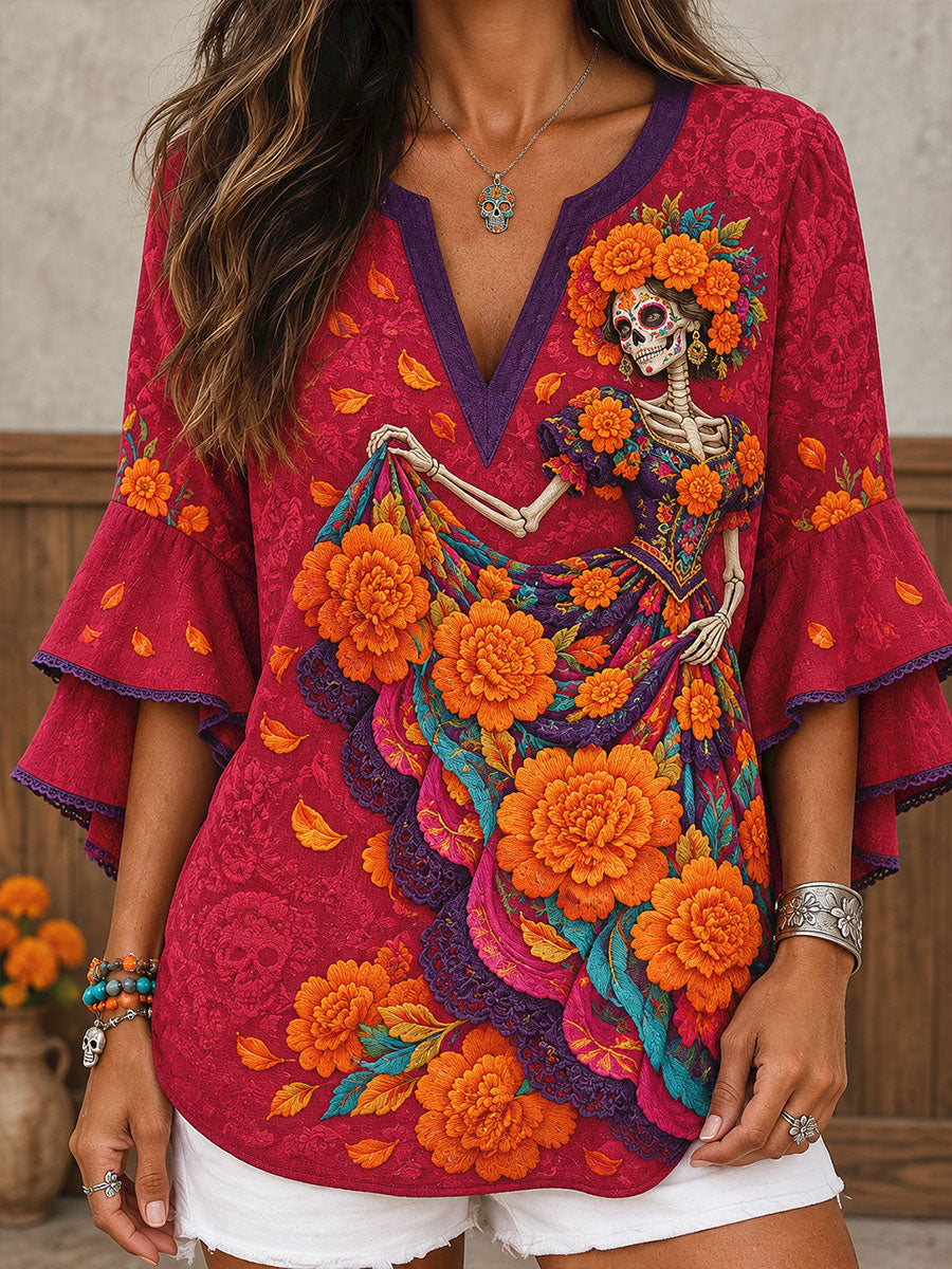 Camisetas estampadas con diseño floral del Día de los Muertos mexicano para mujer