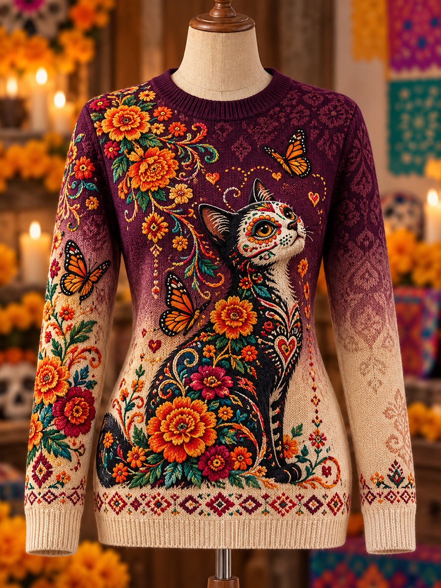 Suéter de cuello redondo para mujer con diseño del Día de los Muertos mexicano