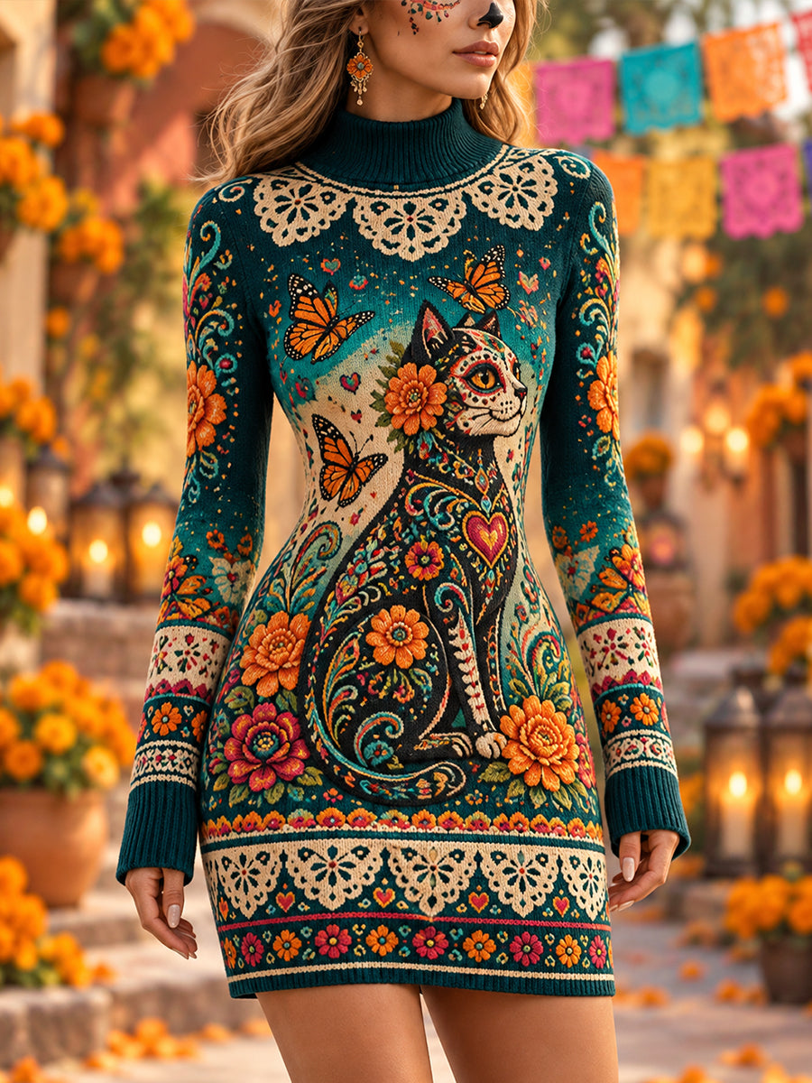 Vestido suéter vintage con estampado mexicano del Día de los Muertos para mujer