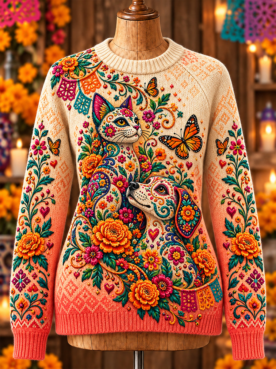 Suéter de cuello redondo para mujer con diseño del Día de los Muertos mexicano