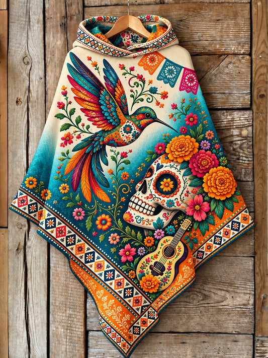 Suéter tipo capa con diseño del Día de los Muertos de México para mujer