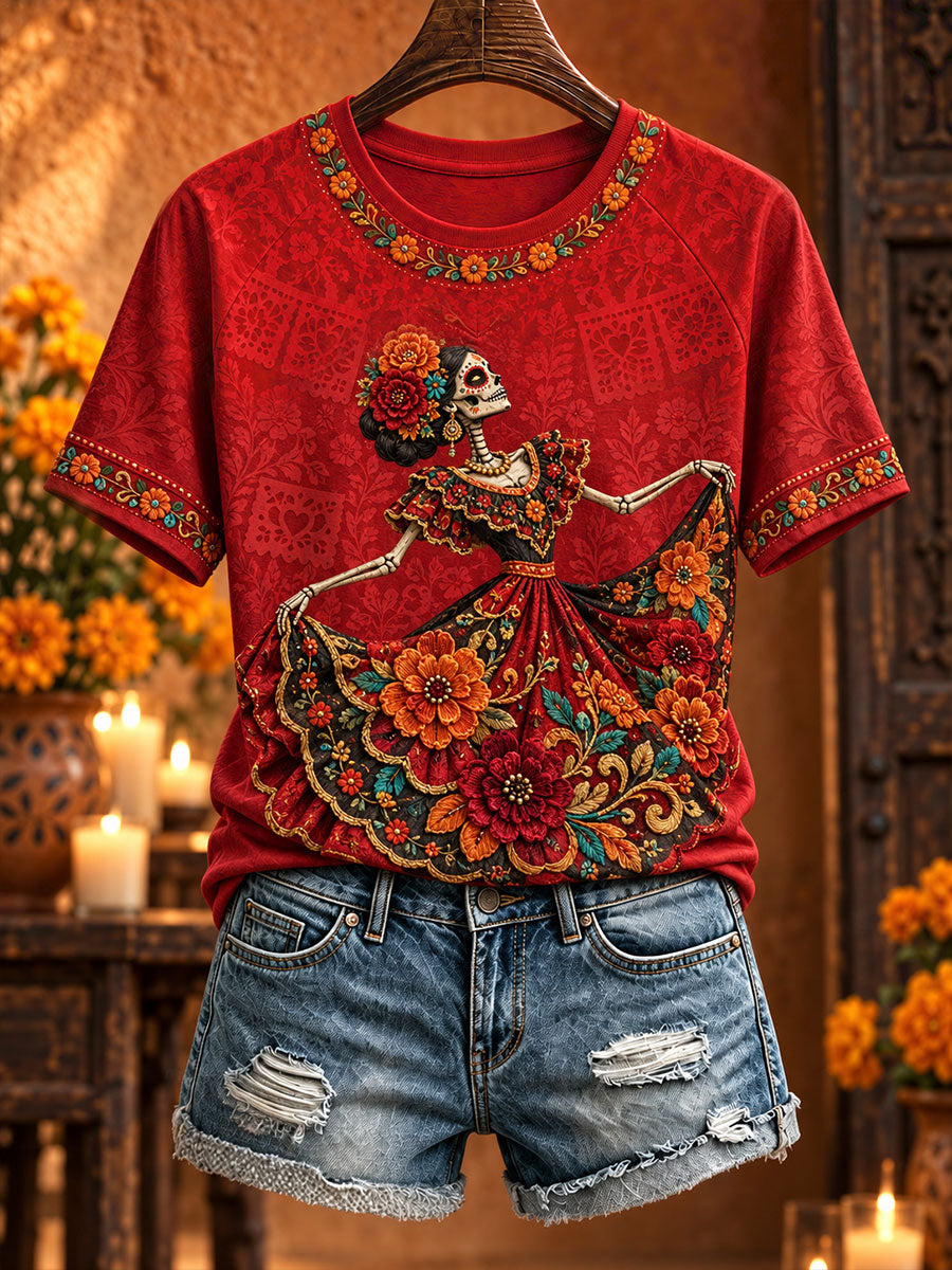 Camiseta estampada con diseño floral del Día de los Muertos mexicano para mujer