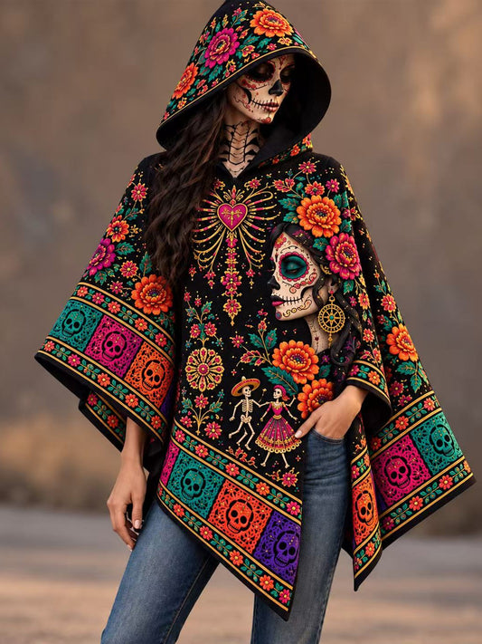 Suéter tipo capa con diseño del Día de los Muertos de México para mujer