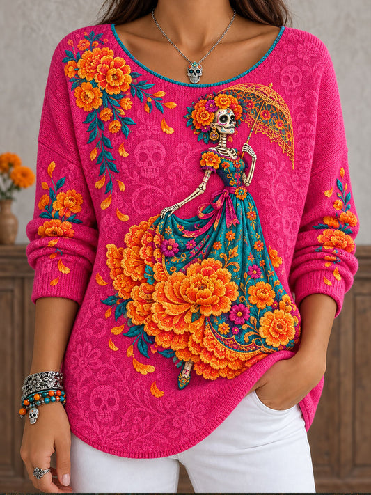 Camisetas estampadas con diseño floral del Día de los Muertos mexicano para mujer