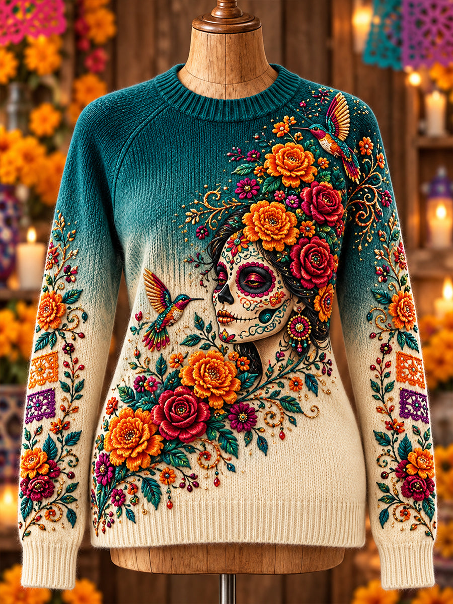 Suéter de cuello redondo para mujer con diseño del Día de los Muertos mexicano