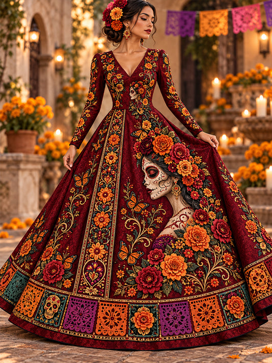 Vestido Largo Mexicano Día de los Muertos para Mujer