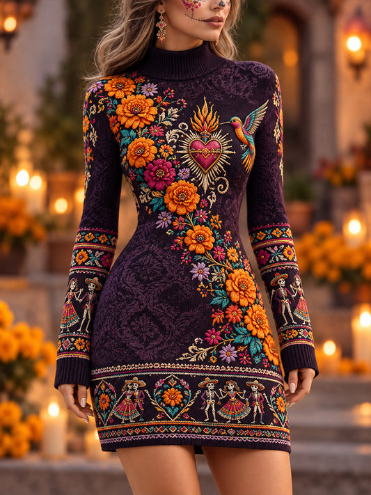 Vestido de suéter con estampado vintage de día de los muertos mexicanos para mujer