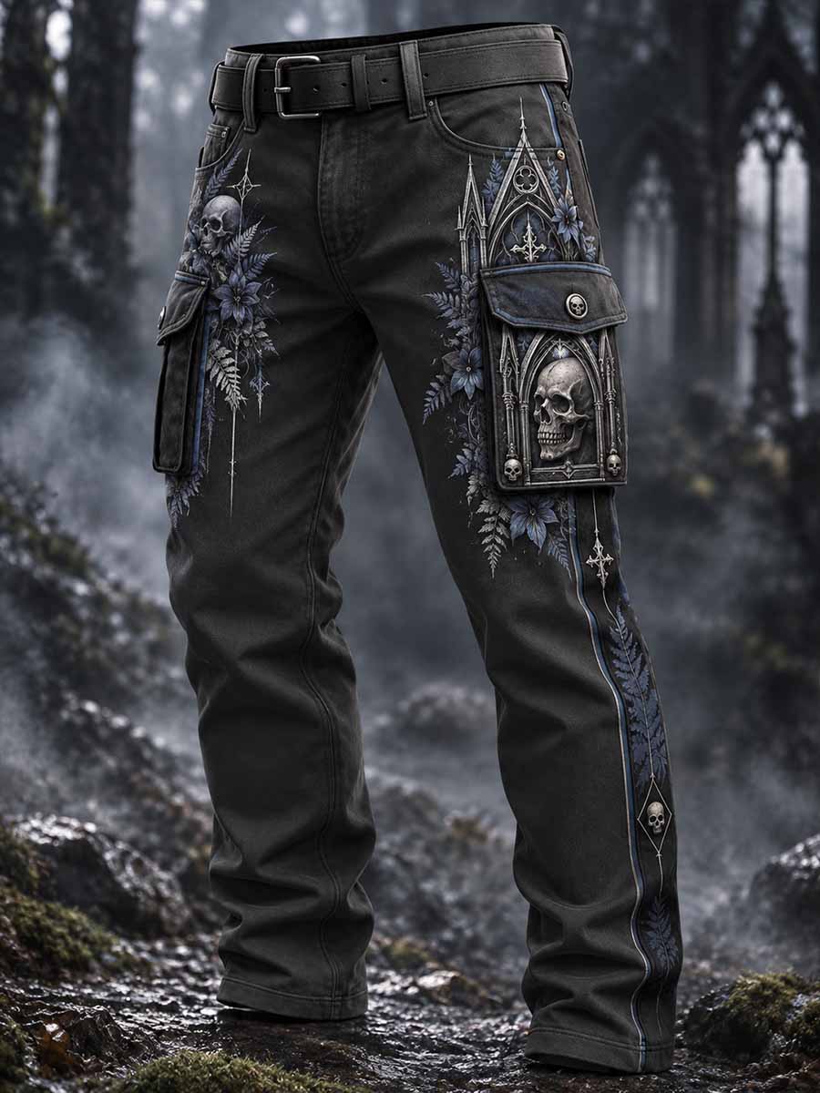 Hombres Vintage Gothic Architecture Skull Print Cargo Pantalones