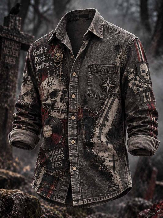 Camisa clásica para hombre con estampado de calavera rockera