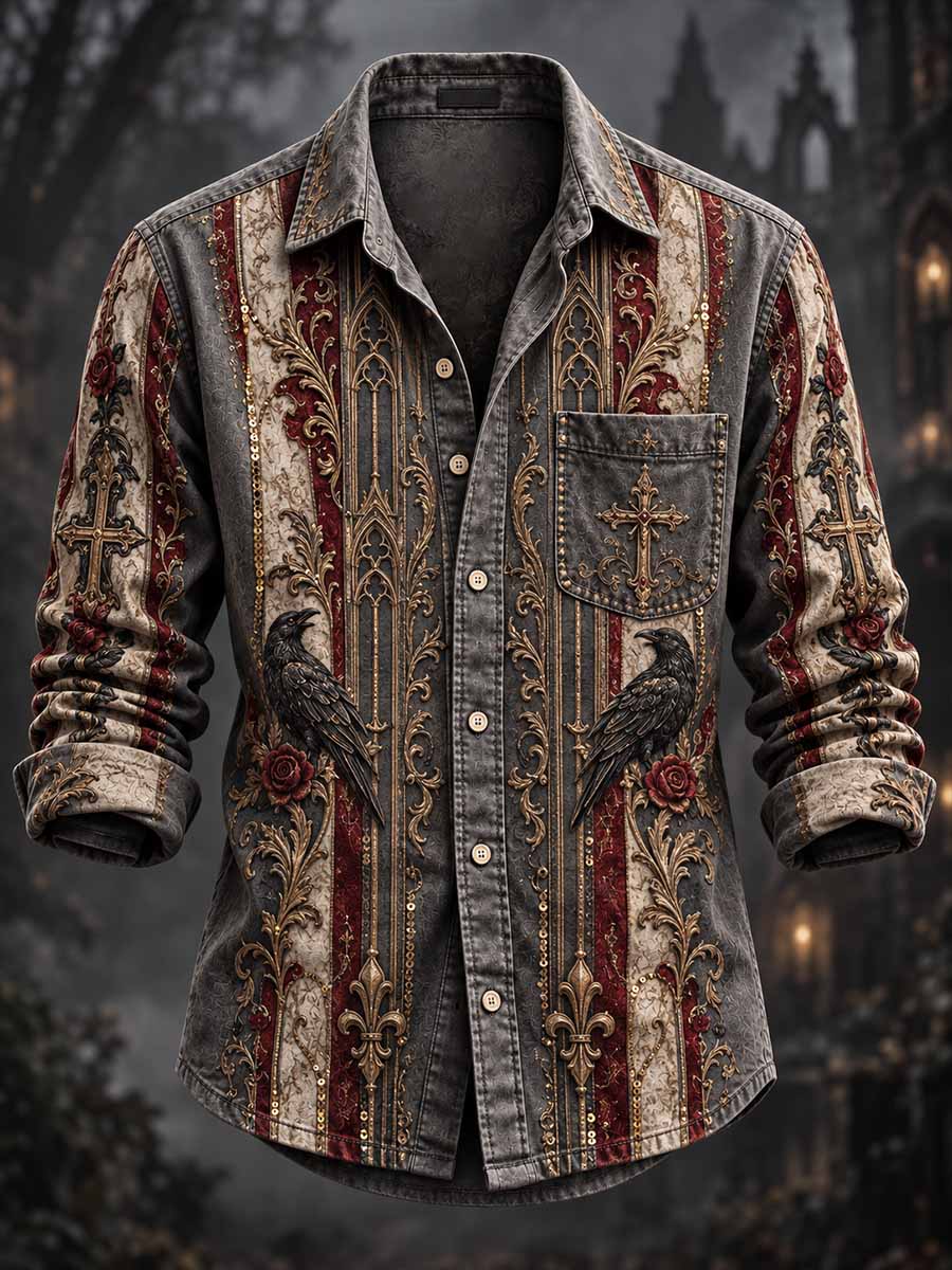 Camisa estampada con diseño de cuervos para hombre, estilo clásico