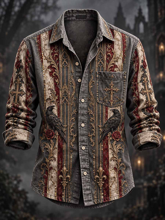 Camisa estampada con diseño de cuervos para hombre, estilo clásico