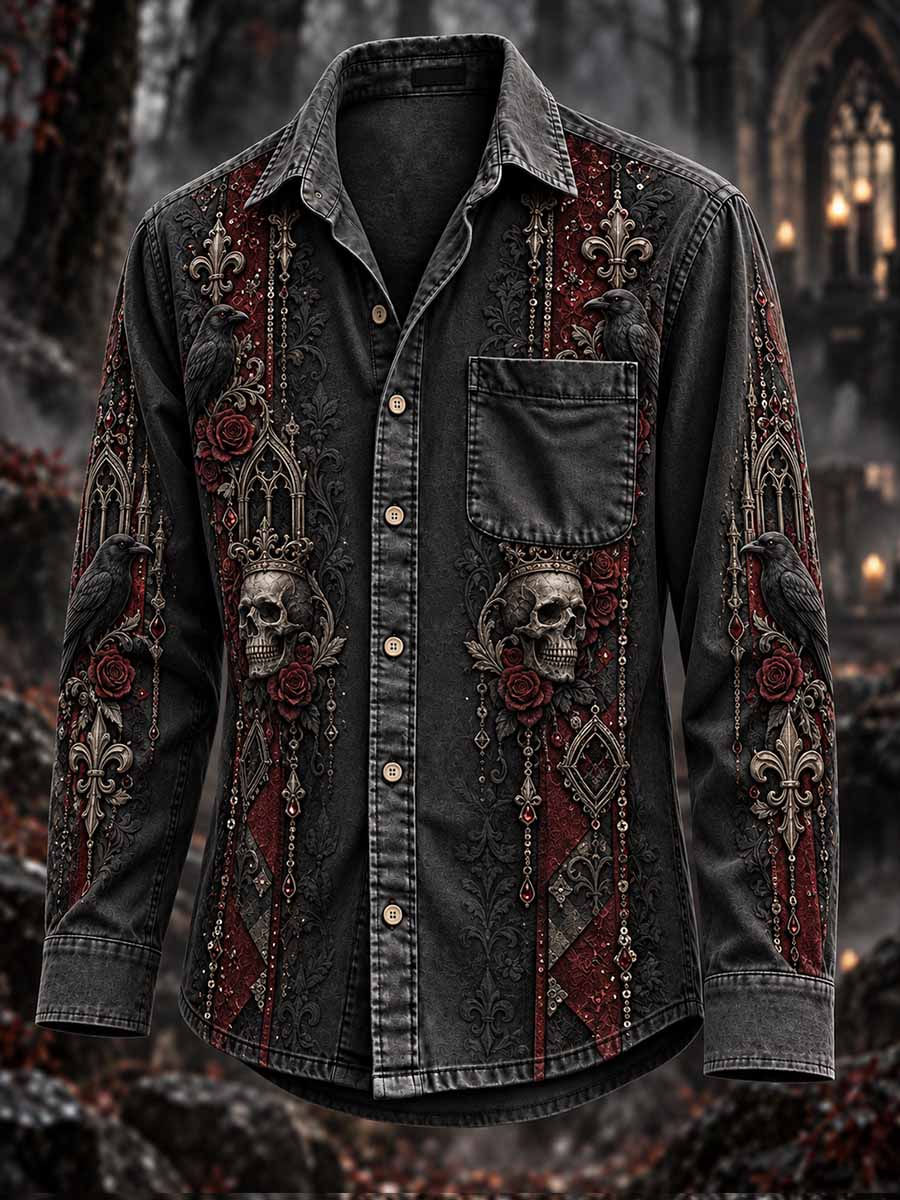 Hombres Vintage Court Crow Patrón Impreso Camisa