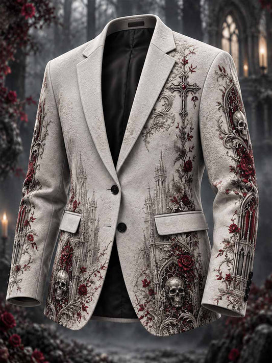 Traje para hombre con estampado de calavera y arquitectura gótica vintage