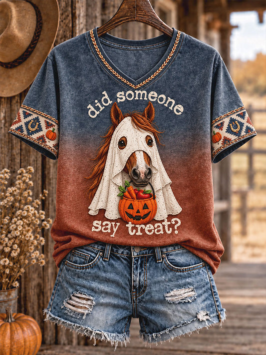 Camiseta estampada con diseño de animales de Halloween estilo vaquero para mujer