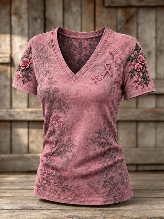Camiseta casual de manga corta con cuello en V, diseño estampado con cruz y lazo rosa de la asociación benéfica para mujeres.