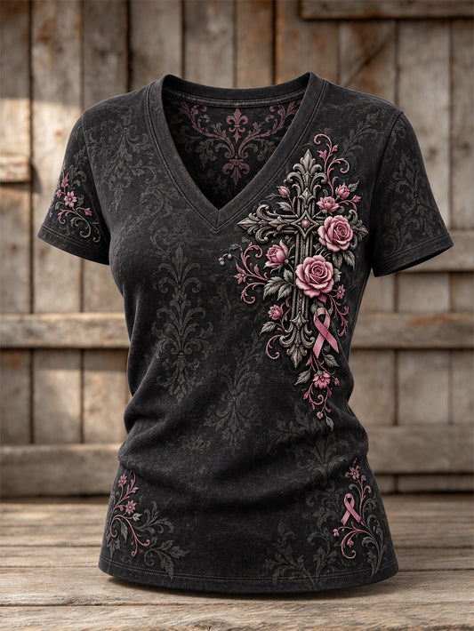 Corss de las mujeres y diseño rosado de la cinta de la caridad camiseta de manga corta ocasional del patrón