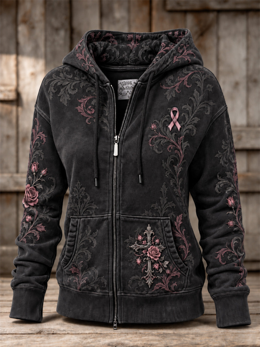 Corss de las mujeres y la caridad de color rosa patrón de la cinta Diseño Casual Zip-Up Hoodie