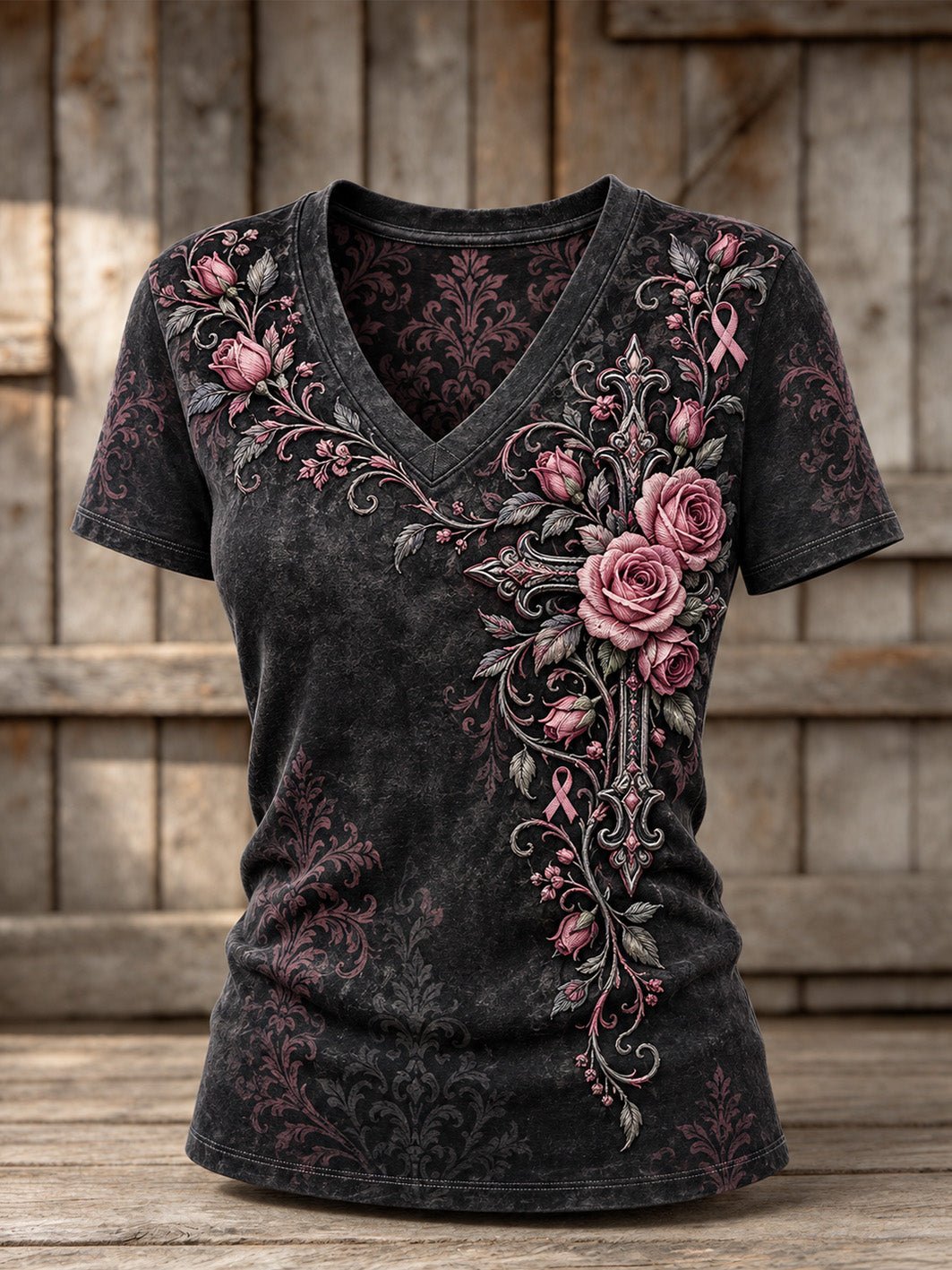 Corss de las mujeres y rosa caridad cinta patrón diseño casual camiseta de manga corta