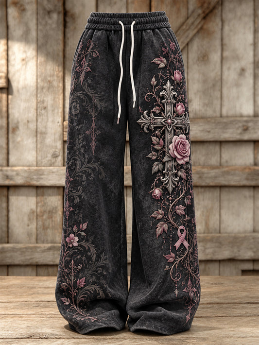Pantalones deportivos casuales para mujer con diseño de cruz y cinta rosa de la asociación benéfica
