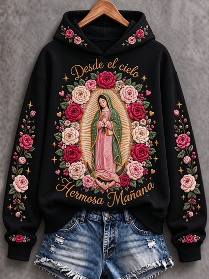 Sudadera estampada de corte clásico con diseño artístico de la Fiesta de Nuestra Señora de Guadalupe para mujer