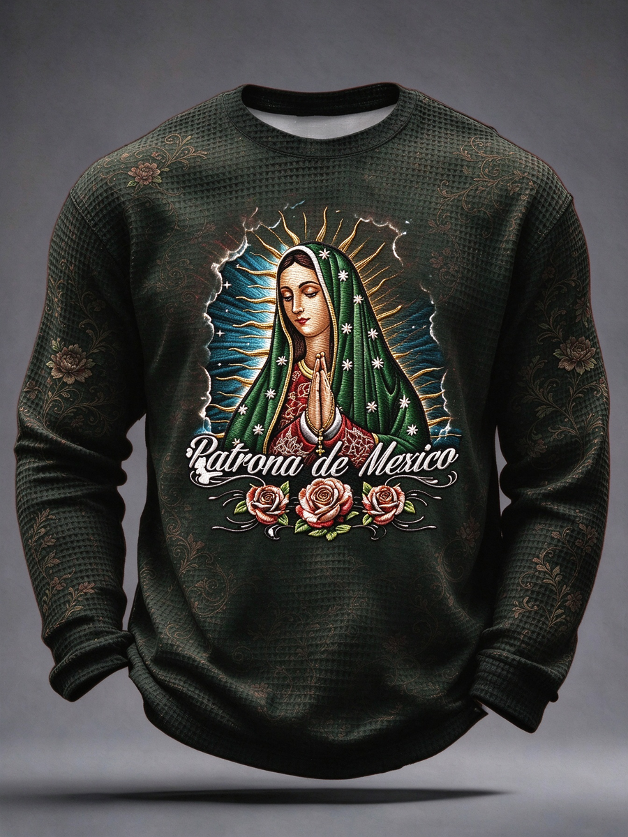 Camiseta de manga larga de gofre estampada con diseño artístico de la Fiesta de Nuestra Señora de Guadalupe para hombre