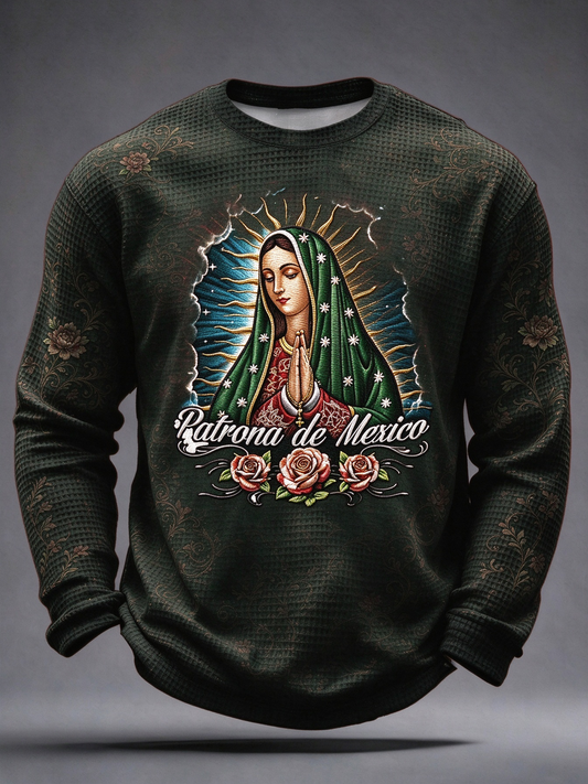 Camiseta de manga larga de gofre estampada con diseño artístico de la Fiesta de Nuestra Señora de Guadalupe para hombre