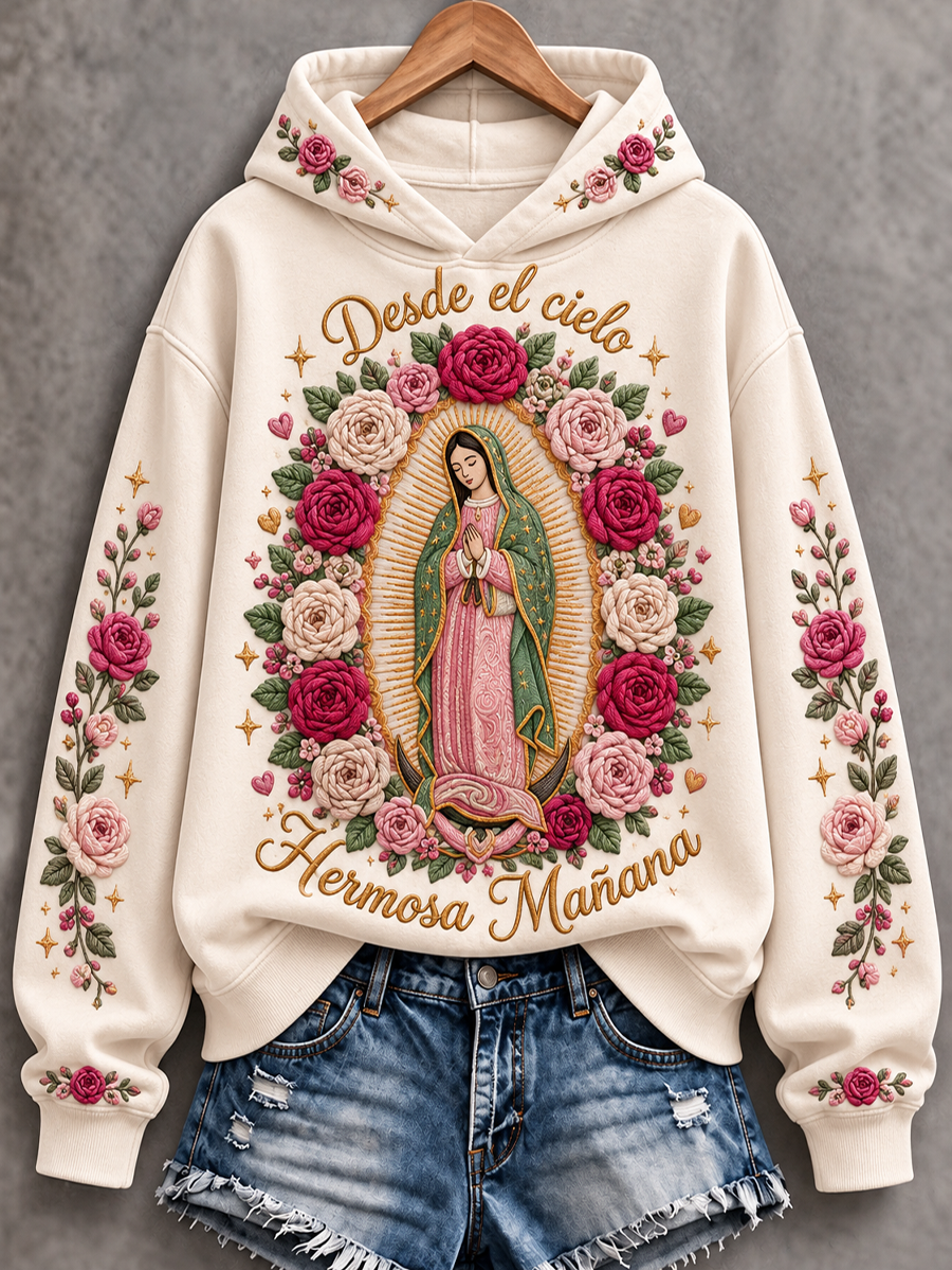 Sudadera estampada de corte clásico con diseño artístico de la Fiesta de Nuestra Señora de Guadalupe para mujer
