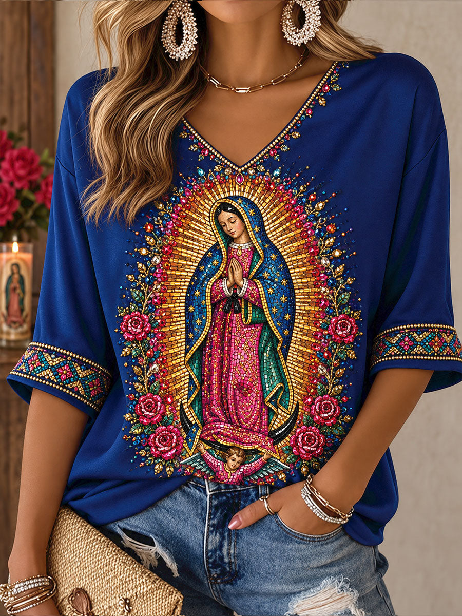 Camiseta estampada con diseño artístico del Día de Nuestra Señora de Guadalupe en México para mujer