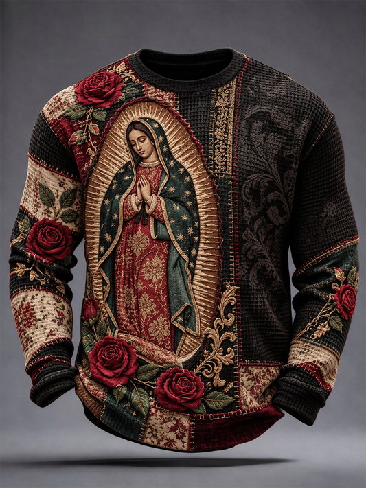 Camiseta de manga larga de gofre estampada con diseño artístico de la Fiesta de Nuestra Señora de Guadalupe para hombre