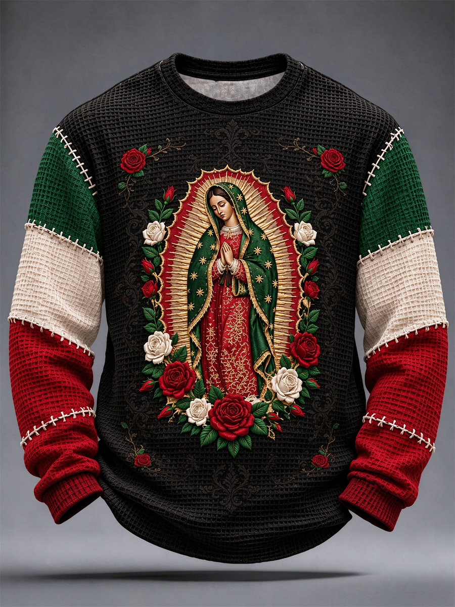 Camiseta de manga larga de gofre estampada con diseño artístico de la Fiesta de Nuestra Señora de Guadalupe para hombre