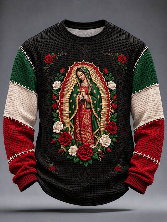 Camiseta de manga larga de gofre estampada con diseño artístico de la Fiesta de Nuestra Señora de Guadalupe para hombre