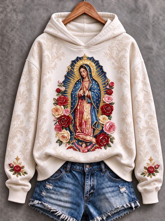 Sudadera estampada de corte clásico con diseño artístico de la Fiesta de Nuestra Señora de Guadalupe para mujer
