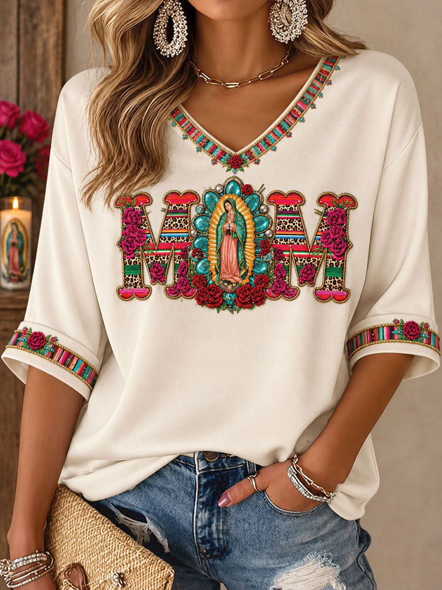 Camiseta estampada con diseño artístico del Día de Nuestra Señora de Guadalupe en México para mujer
