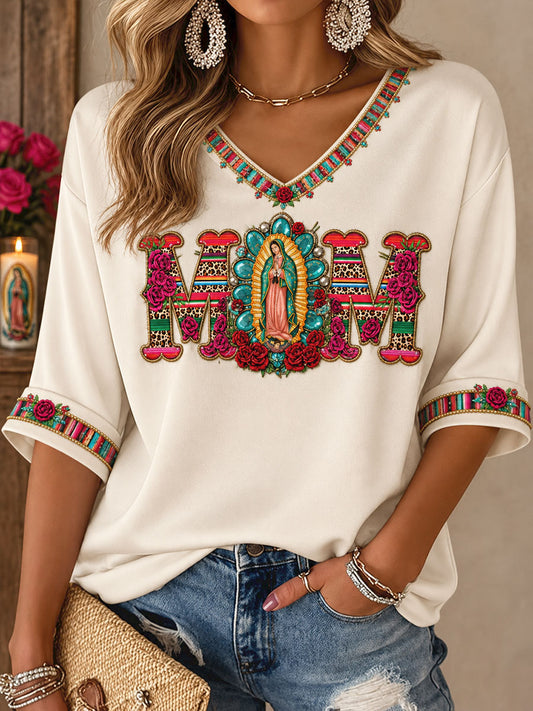 Camiseta estampada con diseño artístico del Día de Nuestra Señora de Guadalupe en México para mujer
