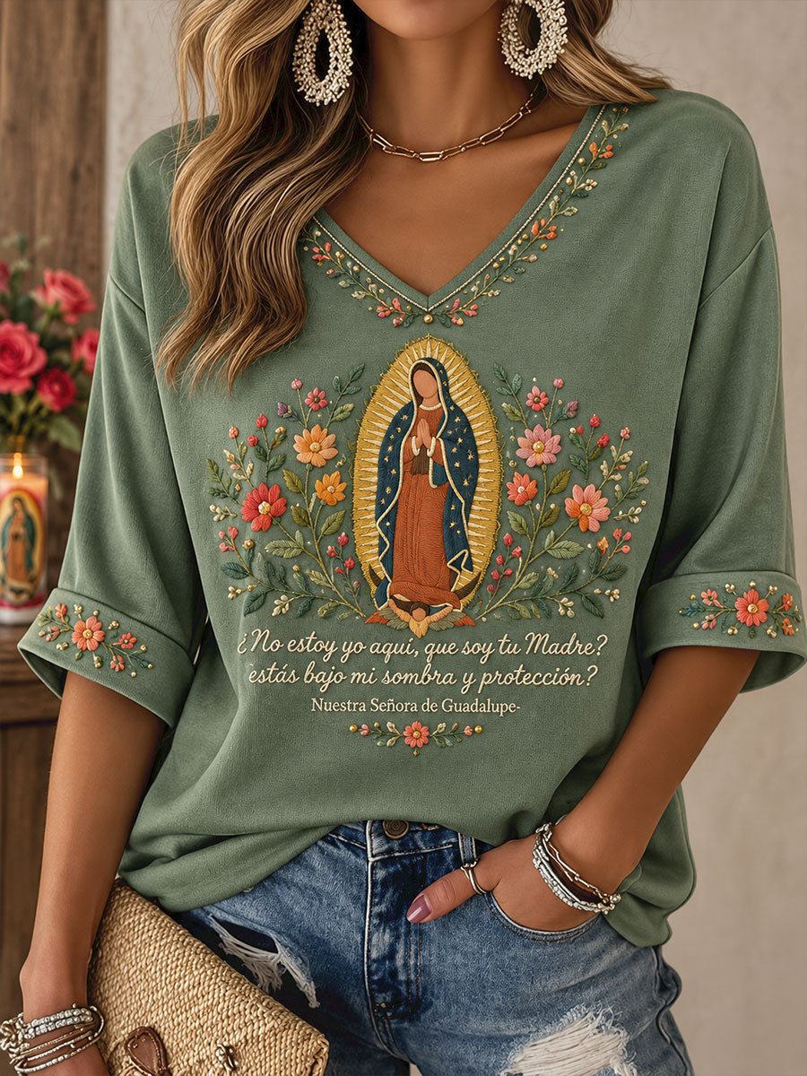 Camiseta estampada con diseño artístico del Día de Nuestra Señora de Guadalupe en México para mujer