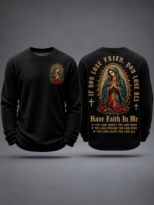 Camiseta de manga larga de gofre estampada con diseño artístico de la Fiesta de Nuestra Señora de Guadalupe para hombre