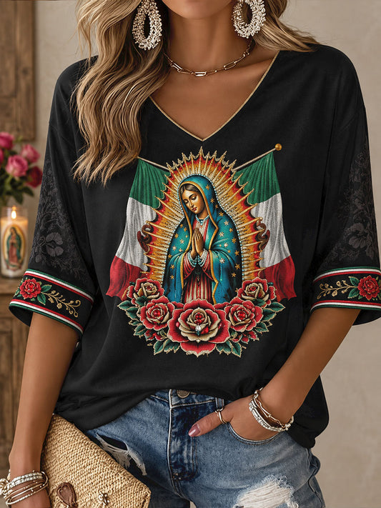 Camiseta estampada con diseño artístico del Día de Nuestra Señora de Guadalupe en México para mujer