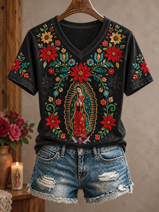 Camiseta estampada con diseño artístico del Día de Nuestra Señora de Guadalupe en México para mujer