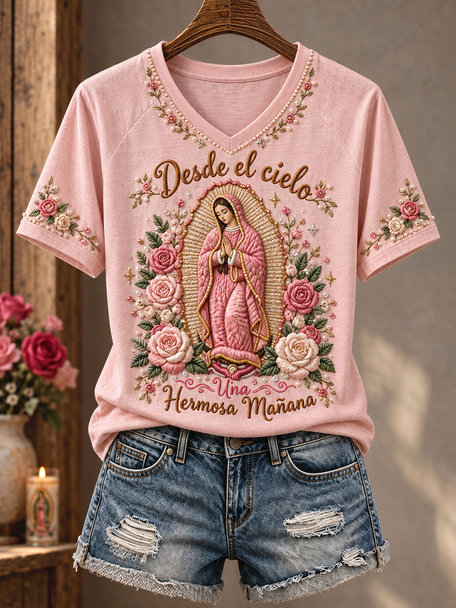 Camiseta estampada con diseño artístico del Día de Nuestra Señora de Guadalupe en México para mujer