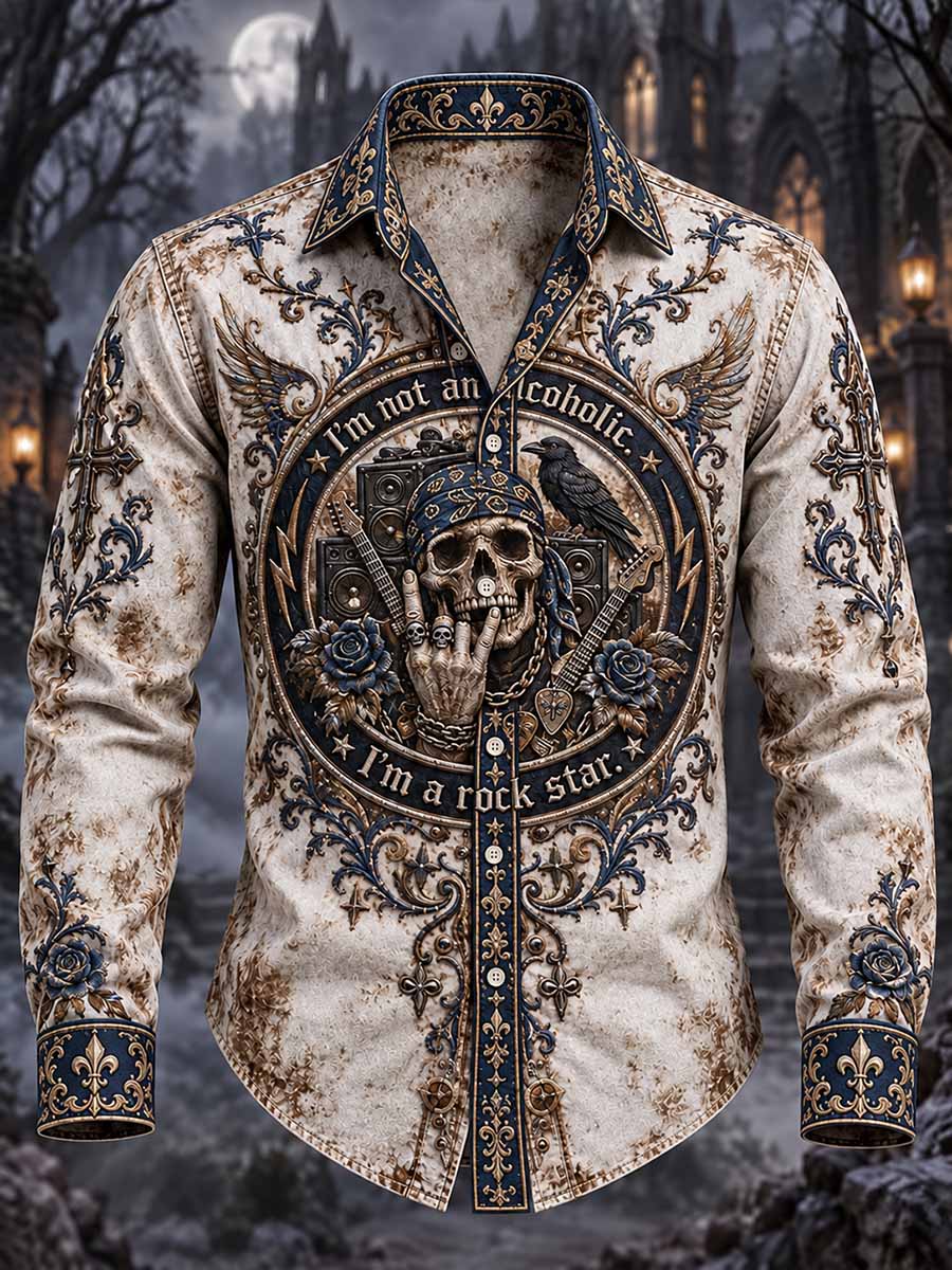 Camisa clásica para hombre con estampado de calavera rockera