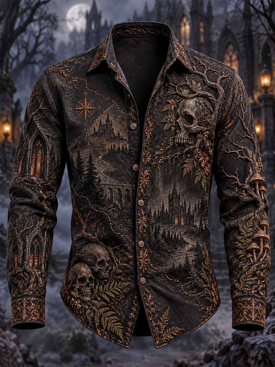 Camisa con estampado de mapa de bosque gótico para hombre