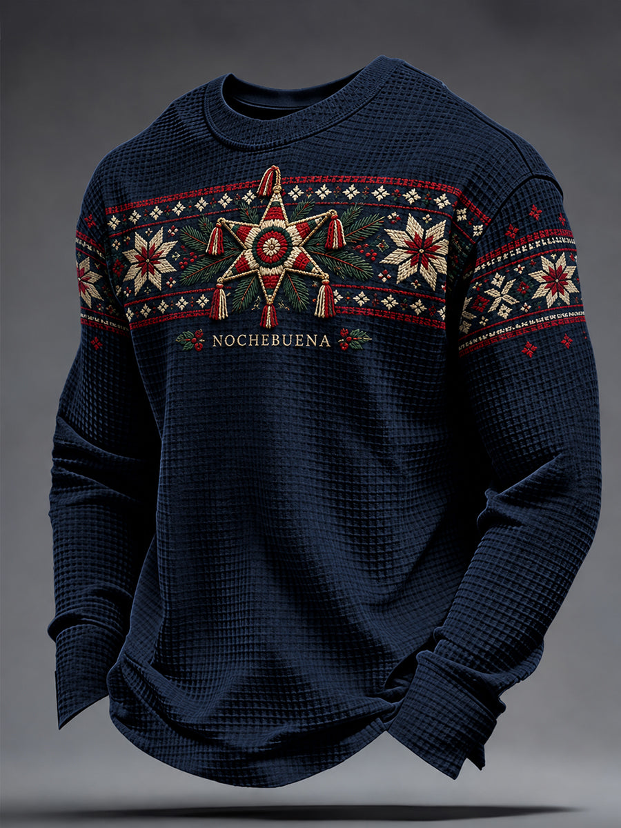 Sudadera de waffle estampada con diseño navideño mexicano para hombre